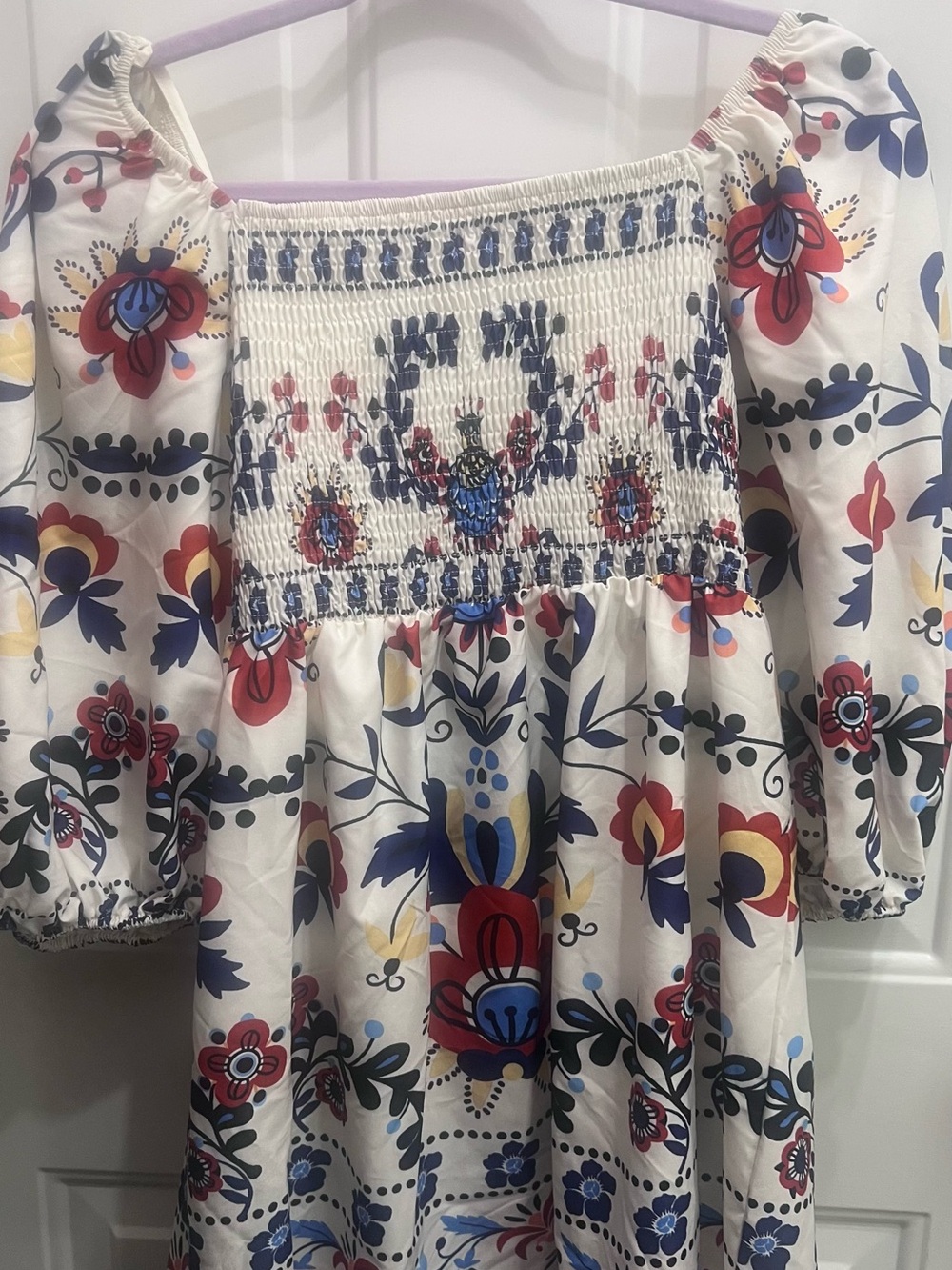 SHEIN White Floral Smocked Midi Dress with Red & Blue Accents